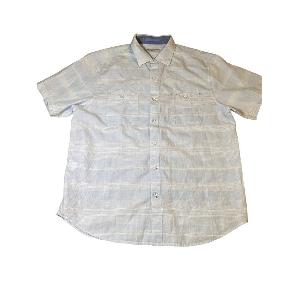 ⁠Tommy Bahama Shirt Large Blue Grid Linen Blend Short Sleeve Button Up Casual L